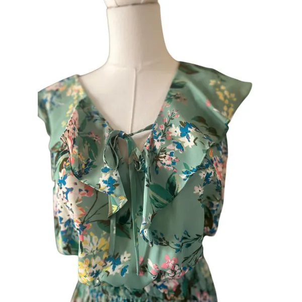 Lauren Conrad Dress Boho Fairy Green Floral Ruffle Layered Cinched Waist SZ SM - Image 3