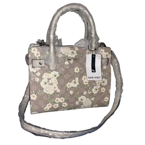 NWT Nine West Limited Edition Bettina Peony Logo Floral Tote Bag White Taupe - Image 11