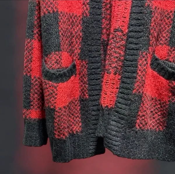 Hollister 2010 S Small Red Black Buffalo Plaid Open Front Cardigan Sweater - Image 2