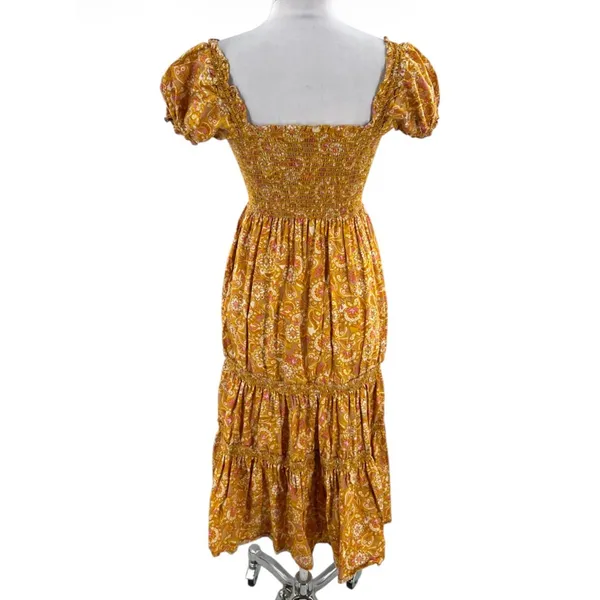 O.P.T‎ Daphne Square Neck Smocked Maxi Dress M Mustard Paisley Sz XS - Image 3