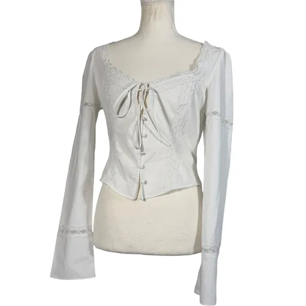 Mistress Rocks Lace Trim Tie Front Top Womens Medium White Bell Sleeve Corset - Image 6