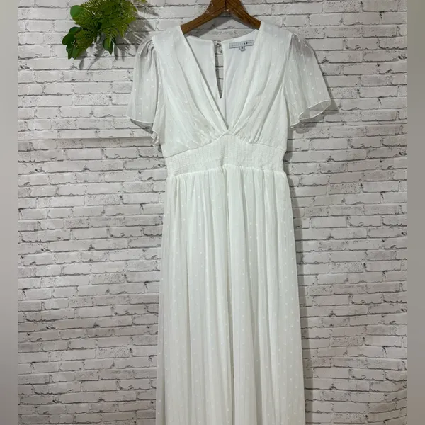 Baltic Born White Swiss Dot Striped Smocked Waist Boho Maxi Dress - Image 3