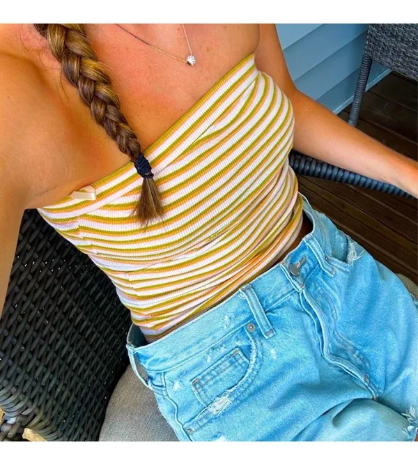 BDG Green and Yellow Striped Crop Top - Image 2