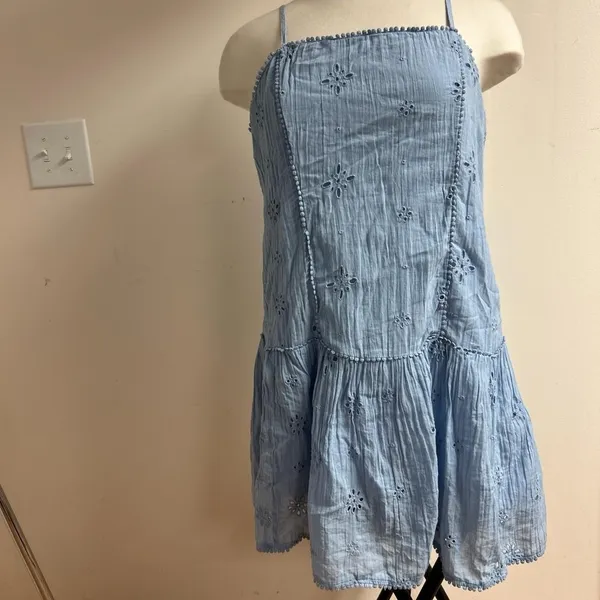 Aerie Eyelet Floral Mini Babydoll Cotton Dress Powder Blue size M - Image 2