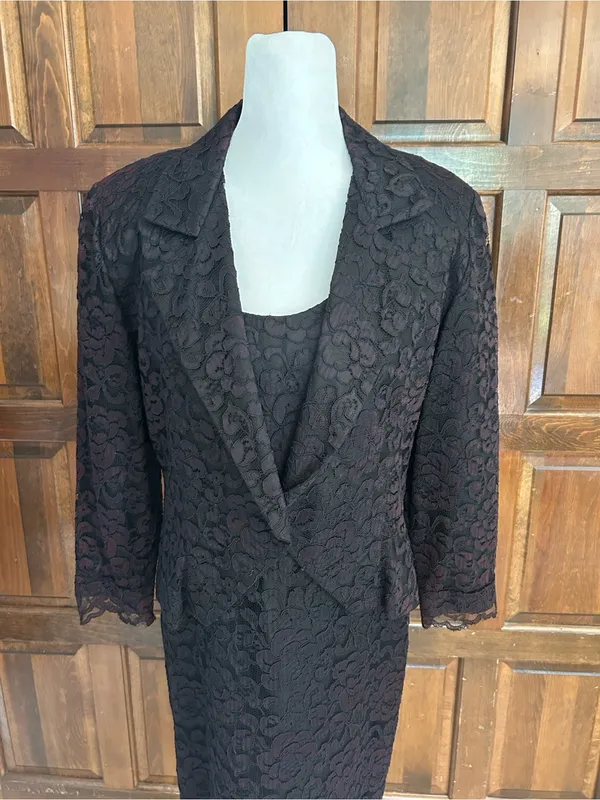 Vtg Le Crillon‎ Black Red Lace 2 Piece Dress Blazer Suit Set Size 10 Wedding - Image 3
