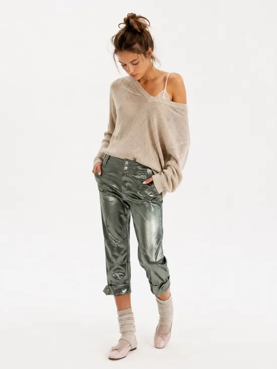 NEW Free People Ryder Pants L Metallic Silver Satin Moto Crop Vegan Shiny Green - Image 3