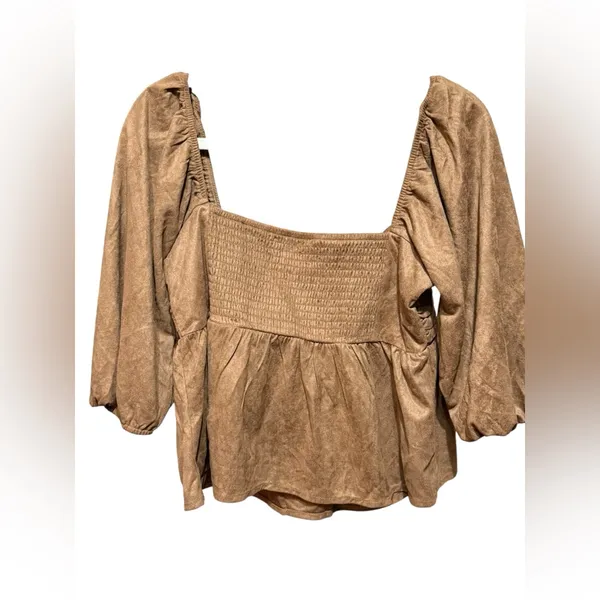 francesca's Miami Payton Faux Suede Pleated Blouse Brown‎ Sz L - Image 4
