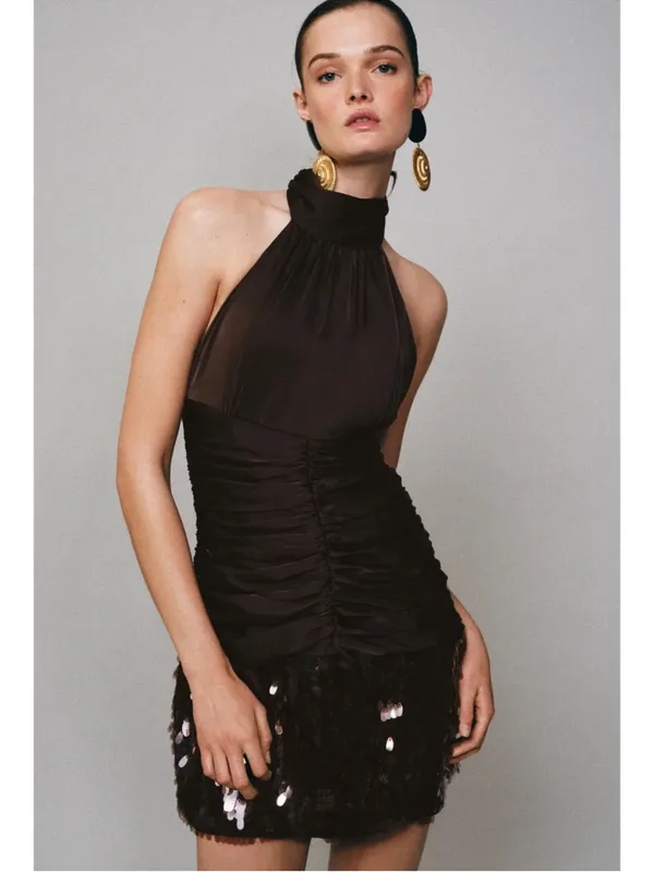 Zara Mini Dress Satin Brown Halter Ruched Sequin - Image 3