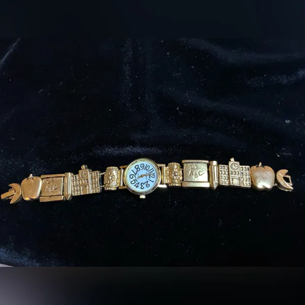 Gold Tone Teacher School Apple Pencil ABC 123 Slide Charm Bracelet Watch - Image 2