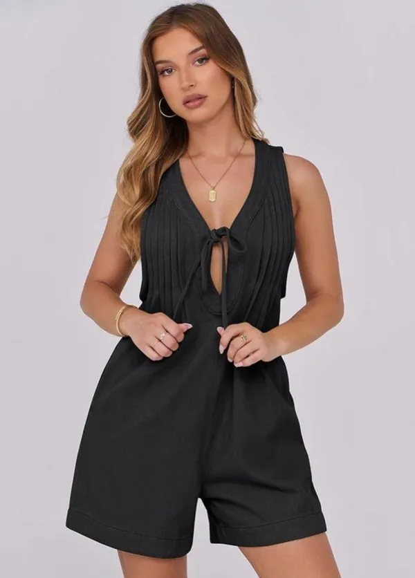 NEW Sleeveless Shorts Denim Romper Tie Front Jean Short Overall Pockets XS - Image 8