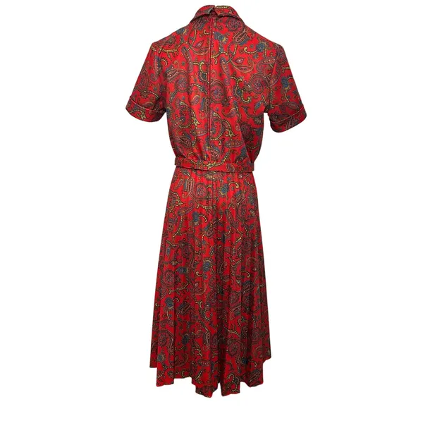 VTG 70s Red Paisley Dagger Collar Midi Dress with Matching Belt M Whimsygoth - Image 2