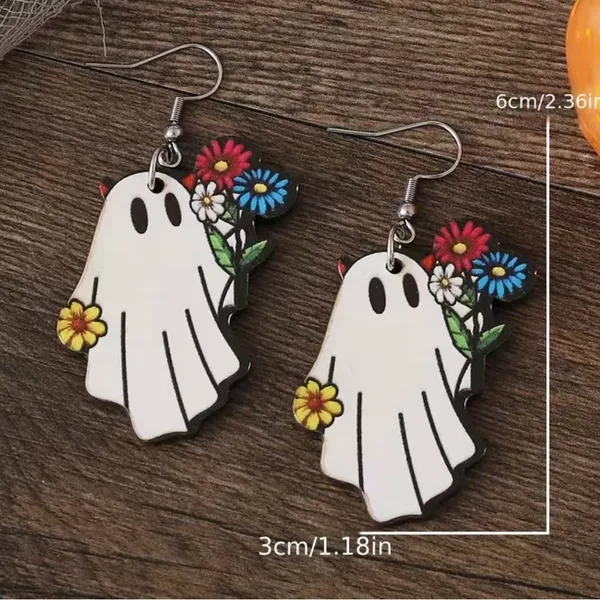 White Ghost Colorful Flower Design‎ Dangle Halloween Earrings Wooden Jewelry - Image 11