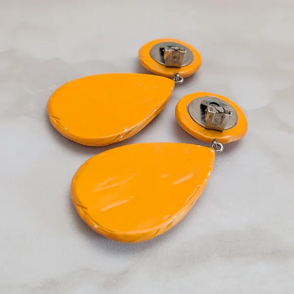 Vintage Clip On Earrings Extra Large Orange Dangle Drop Orange - Fair Condition - Image 4