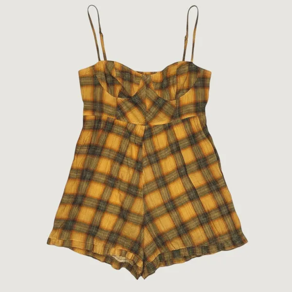 164‎ | Urban Outfitters Plaid Ruffle Smocked Back Romper Orange Yellow Women L - Image 3