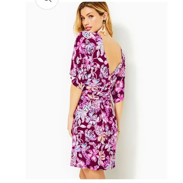 Lilly Pulitzer Hollee Dress Berry Sangria Floral Purple Mini V-Back Womens L - Image 2