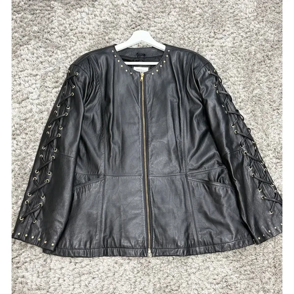 Vintage Women’s Black Leather Jacket Lace Up Studded Biker Y2K Punk Goth Size S - Image 2