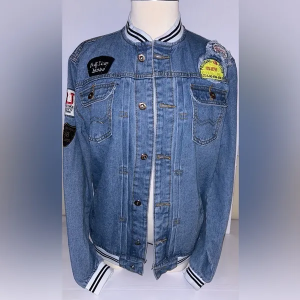 Denim Varsity Jacket Button Front Patches Pockets Size Medium Y2K Retro Vibe Blue - Image 2