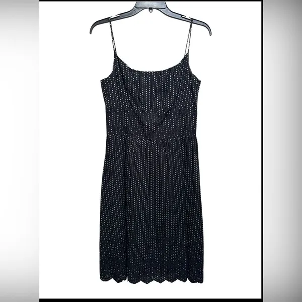 Ann Taylor Black White Polka Dot‎ Midi Dress Eyelet Hem Spaghetti Straps Size 4 - Image 2
