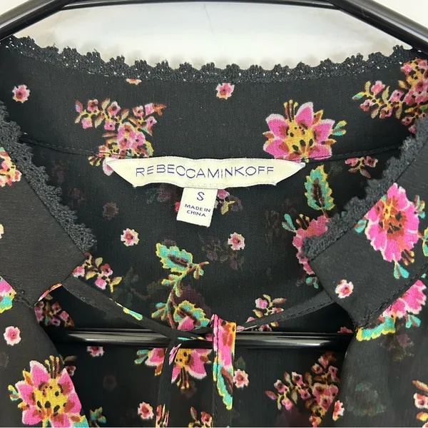 Rebecca Minkoff Devy Black/Pink Floral Ruffle Bell Sleeve Blouse Size Small - Image 12