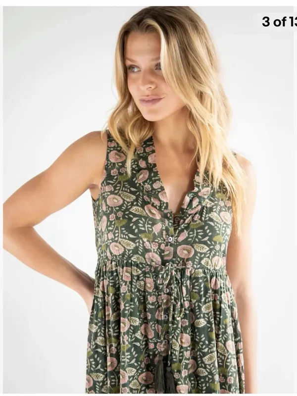 NATURAL LIFE Amelia Cotton Shirt Dress Green Floral Vines Small NWT - Image 2