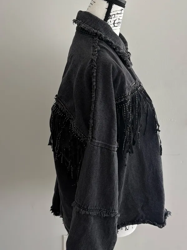 Zara Black Denim Rhinestone Fringe Oversized Jacket Size S - Image 4