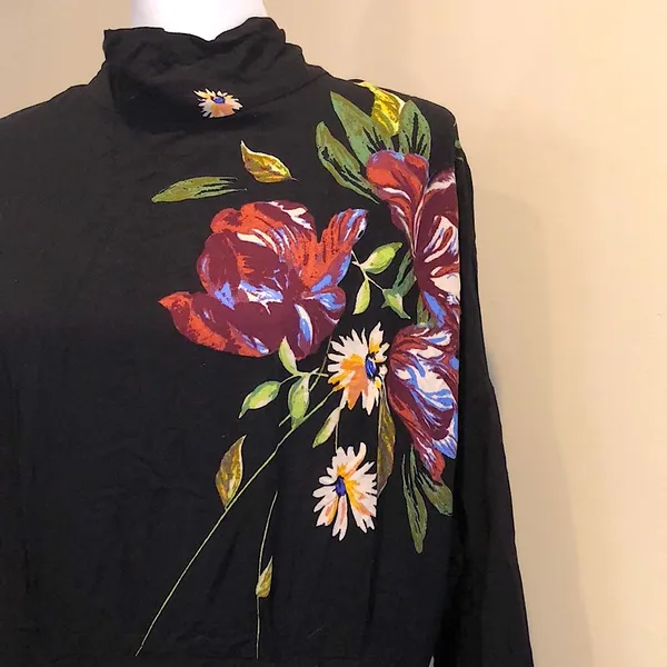 FREE PEOPLE Boho Chic Long Sleeve Black Floral MIni Dress Sz Medium NWT - Image 3