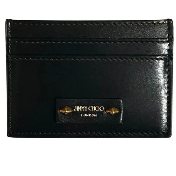 Jimmy Choo Umika Black Leather Card Holder Gold Diamond Studs Italy Designer - Image 9