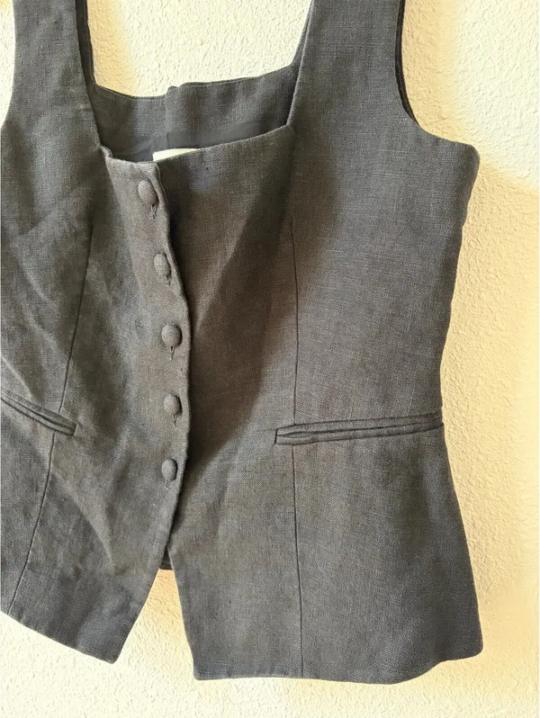 Sézane Zelinda Blouse Noir Linen Vest Size 38 US 6 Minimalist Neutral Coastal - Image 3