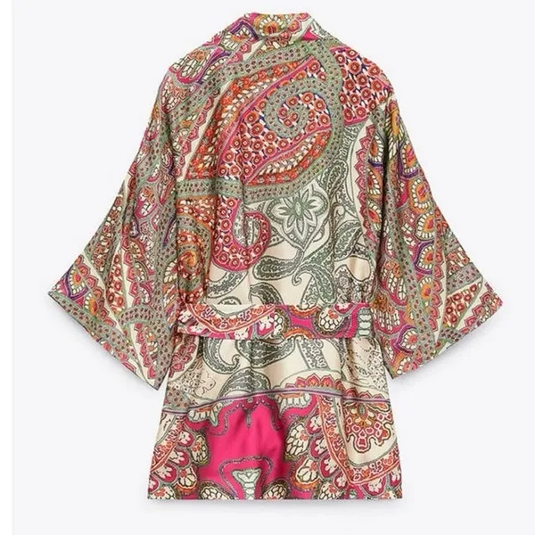 Zara Multicolor Satin Silk Paisley Print Duster Wrap Kimono Caftan Top Jacket - Image 4