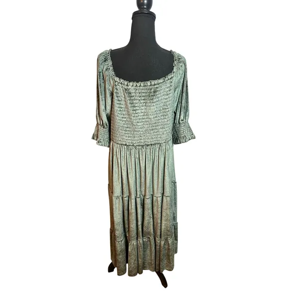 Baltic Born Olive Green Velvet Smocked Tiered Midi Dress 2XL Square Neck Puff - Image 4