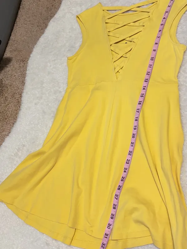 New York & company medium Yellow Cap-Sleeve Lattice-Back Fit & Flare Dress - Image 4