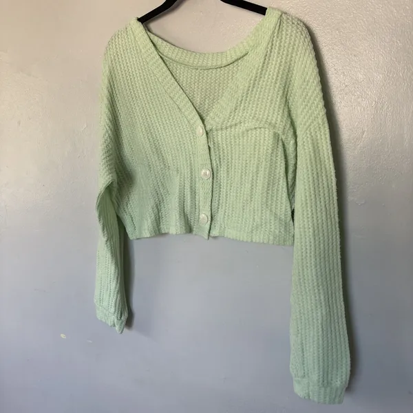 Shein Mint Green Waffle Knit Cropped Button Cardigan Sweater 1XL - Image 4
