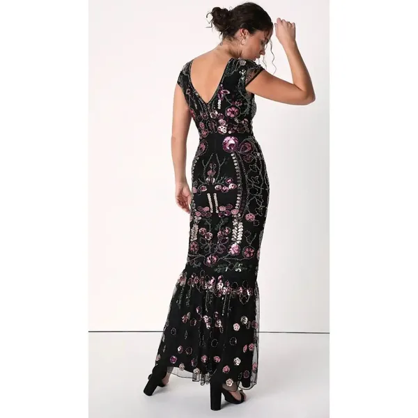 Lulus Era of Opulence Burgundy Sequin Cap Sleeve‎ Maxi Dress large - Image 2