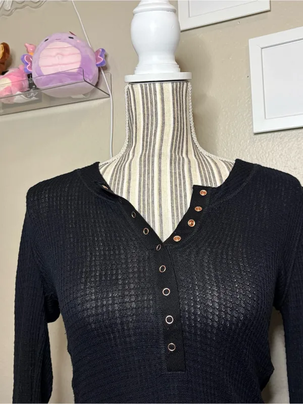 Free people bohochic Black LongSleeve Waffle Henley Top casual fall dark coquett - Image 2