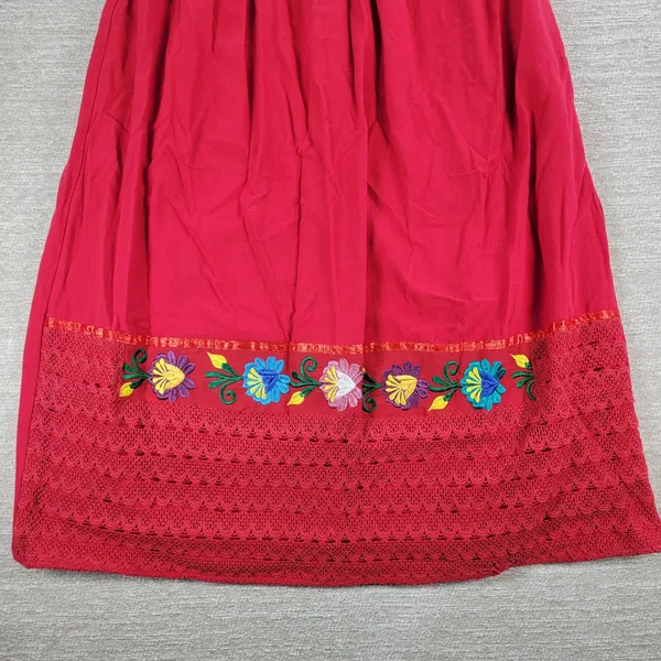 Handmade Mexican Dress M Red Embroidered Muumuu Floral Crochet Boho Hippie Midi - Image 6