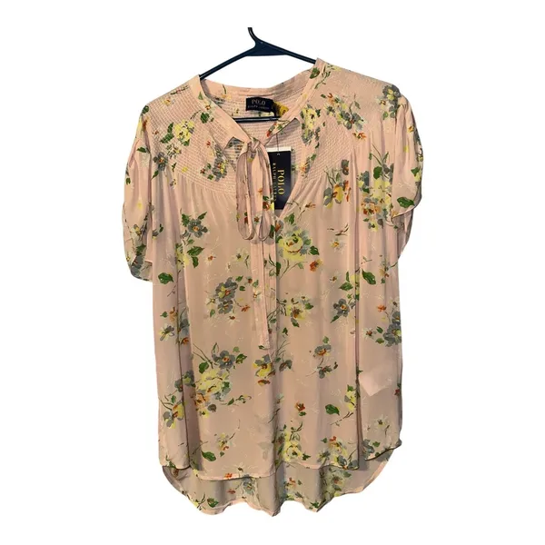 Polo Ralph Lauren Pink Floral‎ Tie Neck Blouse, Womens Large - Image 2
