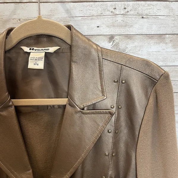 Vintage Peter Nygard Womens L Jacket Bronze Studded Leather & Knit‎ Back Sleeves - Image 12
