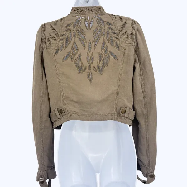 Free People Moto Jacket Women 4 Brown Olive Eyelet Embroidered Linen Cotton - Image 6