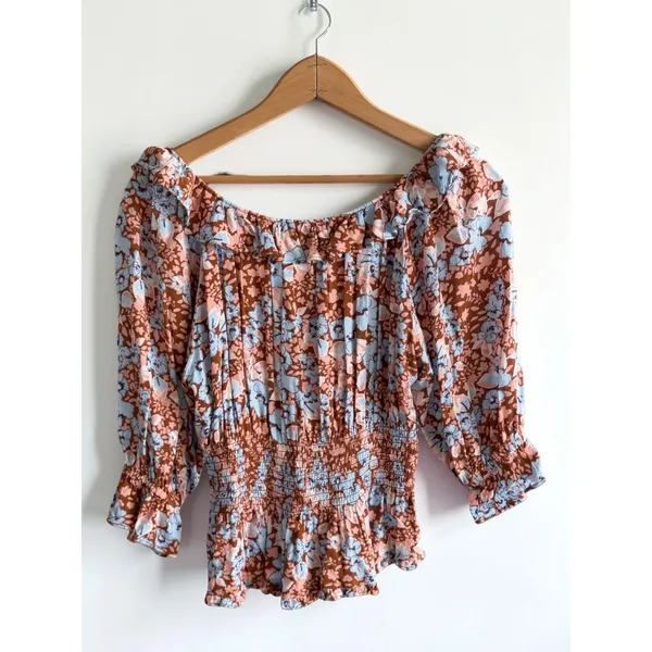 Free People Floral Ruffle Smocked Back Blouse Blue Brown‎ Small - Image 2