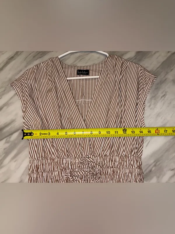 Nicole Miller Brown White Striped V-Neck Tiered Romper Dress Cap Sleeve Smocked - Image 3
