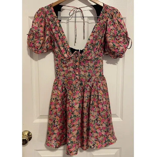 For Love & Lemons Paulina Mini Dress ASO Ariel Winter Pink Floral Puff Sleeve XS - Image 3