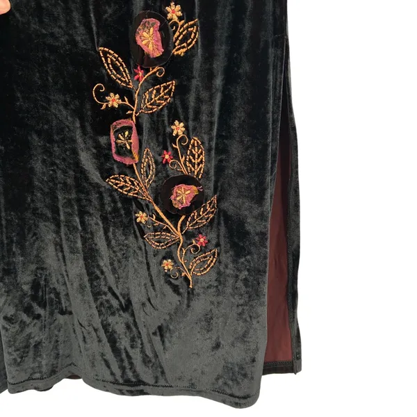Vintage Black‎ Burgundy Velvet Floral Embroidered Boho Whimsigoth Maxi Dress S - Image 6