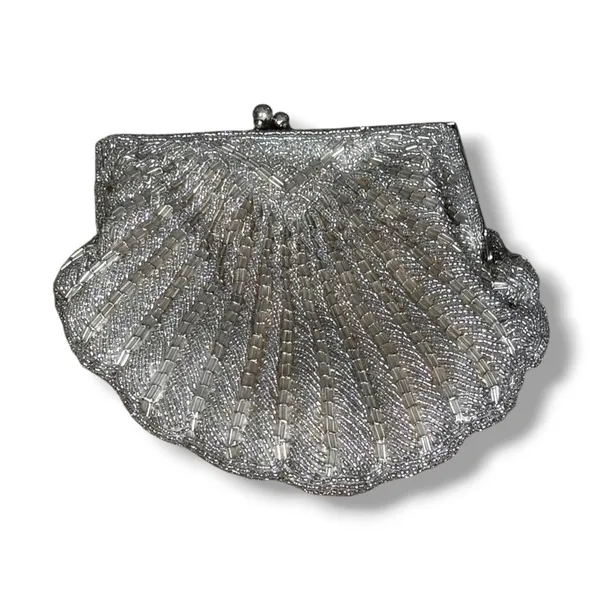 Walborg Vintage Silver Beaded Shell Clutch Purse Mermaidcore Evening Bag - Image 8