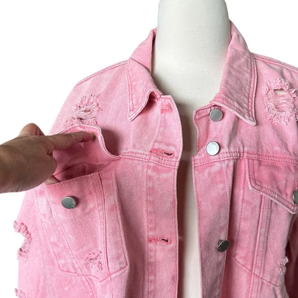 Cropped Pink Distressed Fringe Denim Jean Jacket L Western Cowgirl Festival - Image 8