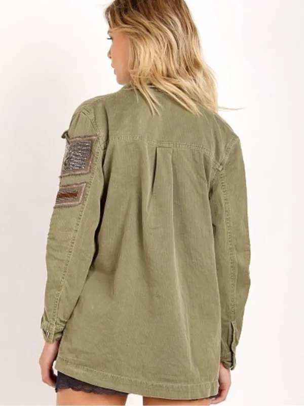 Free People Green Military Embroidered Beaded Shirt Jacket - Image 6