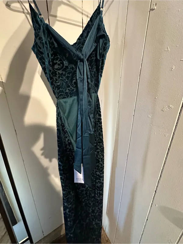 AKIRA NWT Elegant Teal Green Velvet Slip Dress with Floral Burnout side cutout - Image 5