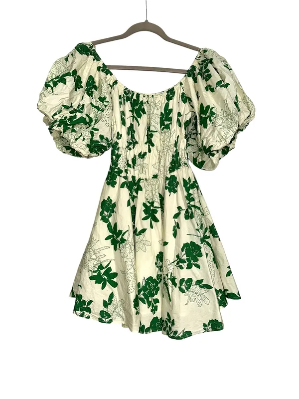 & Merci Puff Sleeve Green Floral Cotton Fit and Flare Mini Dress SMALL - Image 4