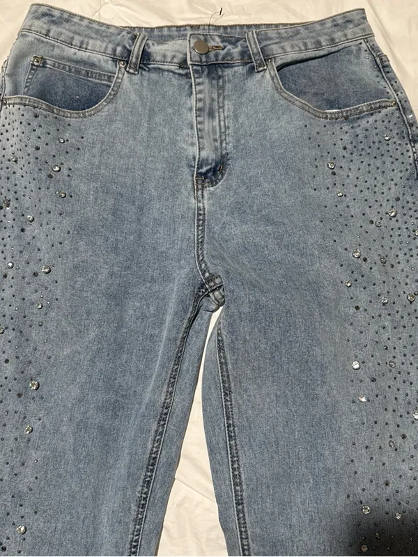 Women's Light Blue Flared Jeans with Rhinestone Detail - Image 4
