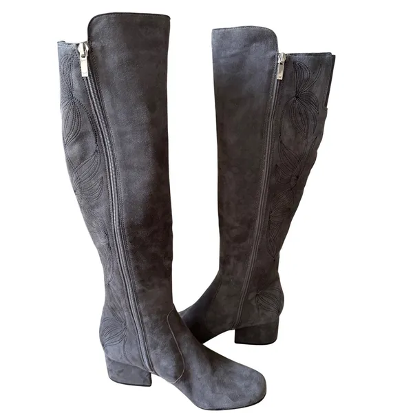 Marc Fisher LTD Grey Suede Embroidered Over The Knee Boots Block Heel Size 7M - Image 6