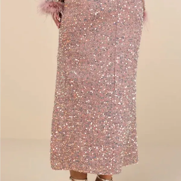 Lulu's Sequined Pink Midi Skirt with Slit - Image 3